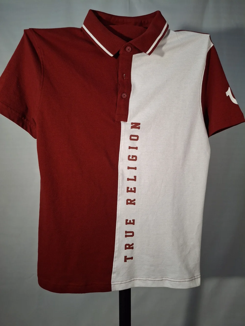 True Religion Split Maroon and White Polo